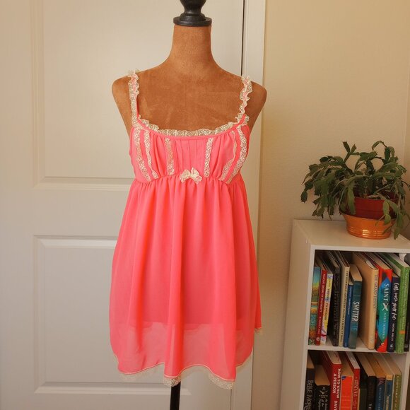 90s Victoria's Secret Baby Pink Lace Trim Sheer Babydoll Top Slip Dress - Picture 1 of 5